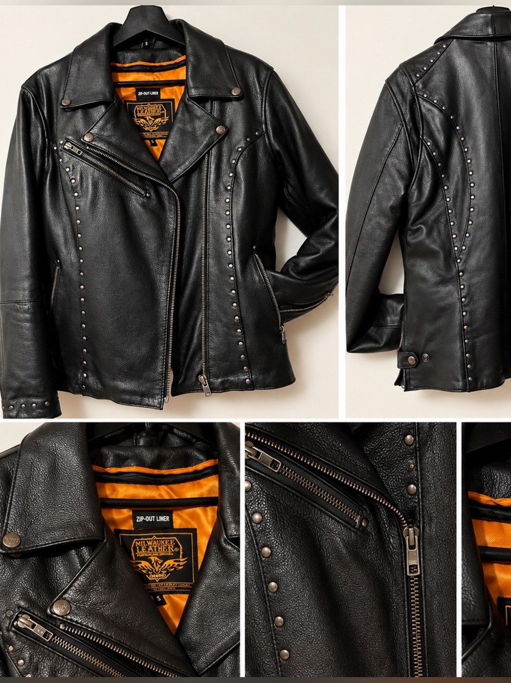 Milwaukee Black Studded Leather Moto Jacket Women Size Small